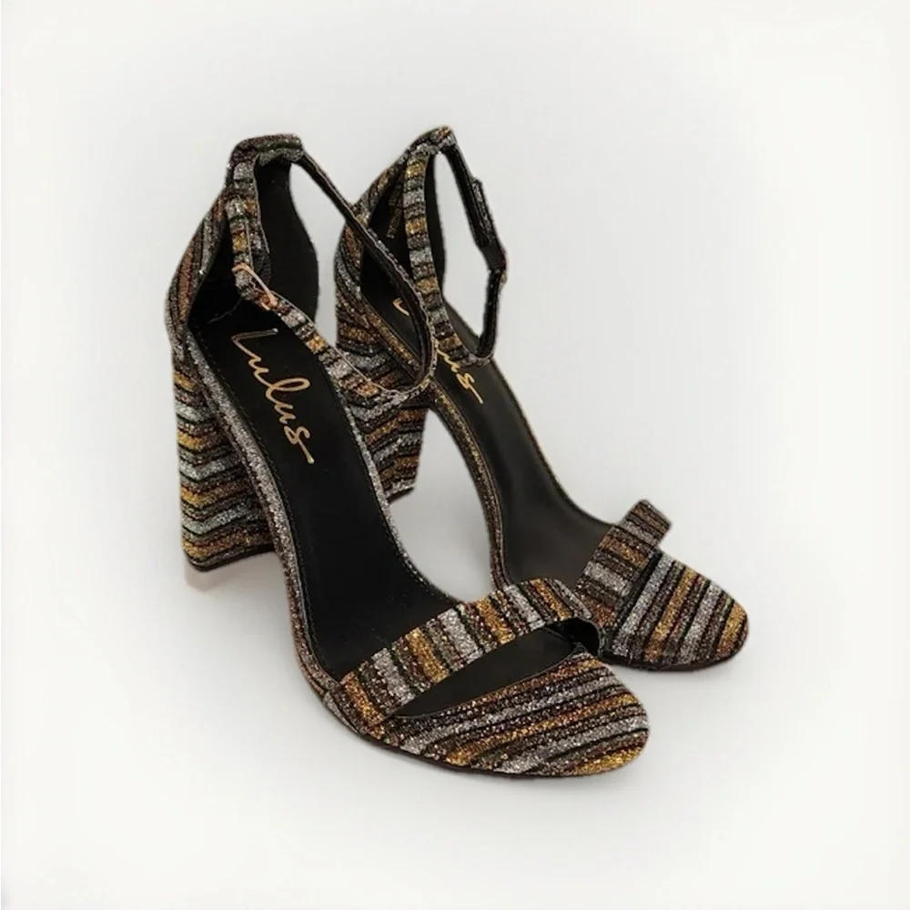 💕Lulu's Gold Multi Glitter Ankle Strap Heels Size 10